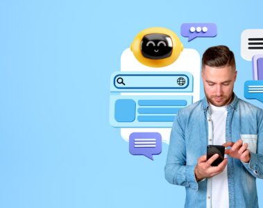 Jeune homme occupé utilisant son téléphone avec le doigt, icône de robot chatbot et barre de recherche, fenêtres de page web et bulles de dialogue